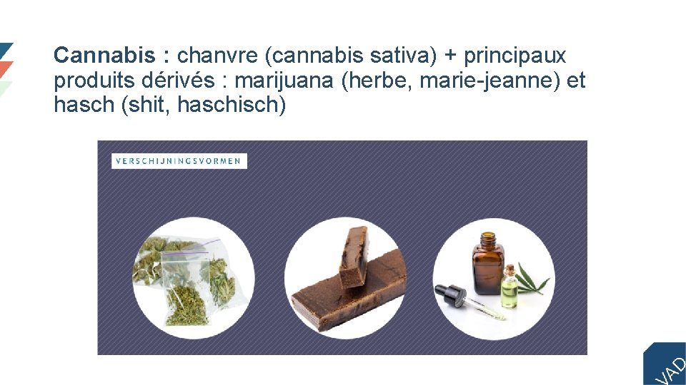 Cannabis : chanvre (cannabis sativa) + principaux produits dérivés : marijuana (herbe, marie-jeanne) et