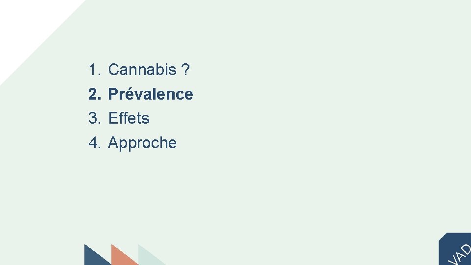 1. 2. 3. 4. Cannabis ? Prévalence Effets Approche 