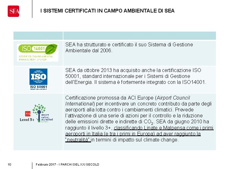 I SISTEMI CERTIFICATI IN CAMPO AMBIENTALE DI SEA ha strutturato e certificato il suo