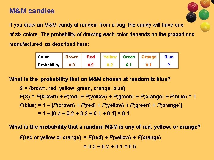 M&M candies If you draw an M&M candy at random from a bag, the