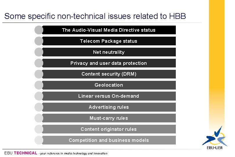 Some specific non-technical issues related to HBB The Audio-Visual Media Directive status Telecom Package