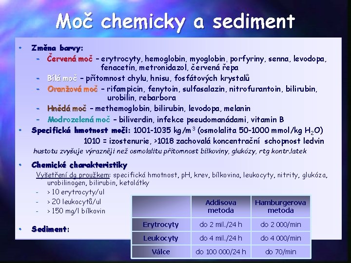 Moč chemicky a sediment • • Změna barvy: - Červená moč – erytrocyty, hemoglobin,