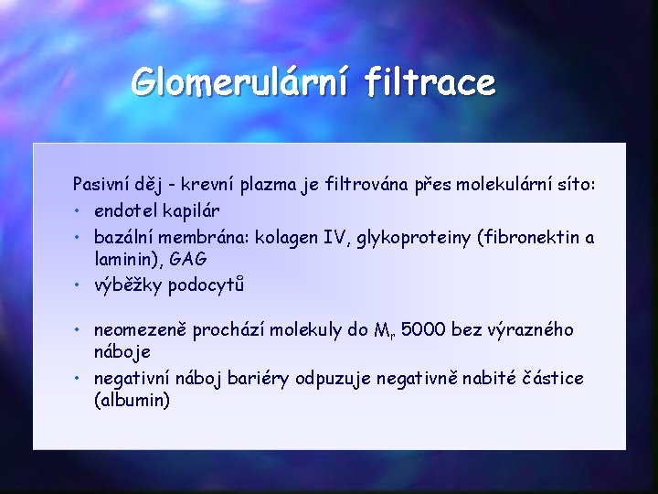 Glomerulární filtrace Pasivní děj - krevní plazma je filtrována přes molekulární síto: • endotel