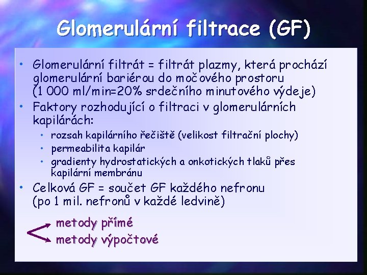 Glomerulární filtrace (GF) • Glomerulární filtrát = filtrát plazmy, která prochází glomerulární bariérou do