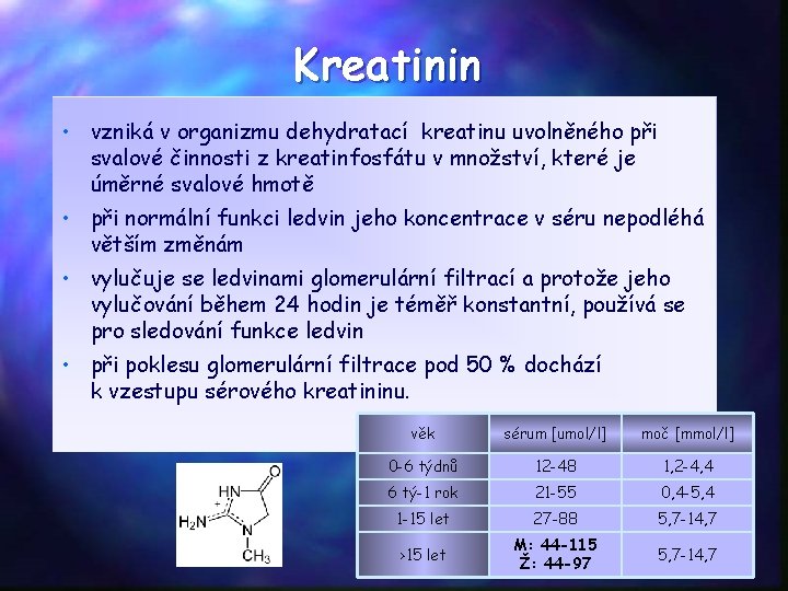 Kreatinin • vzniká v organizmu dehydratací kreatinu uvolněného při svalové činnosti z kreatinfosfátu v