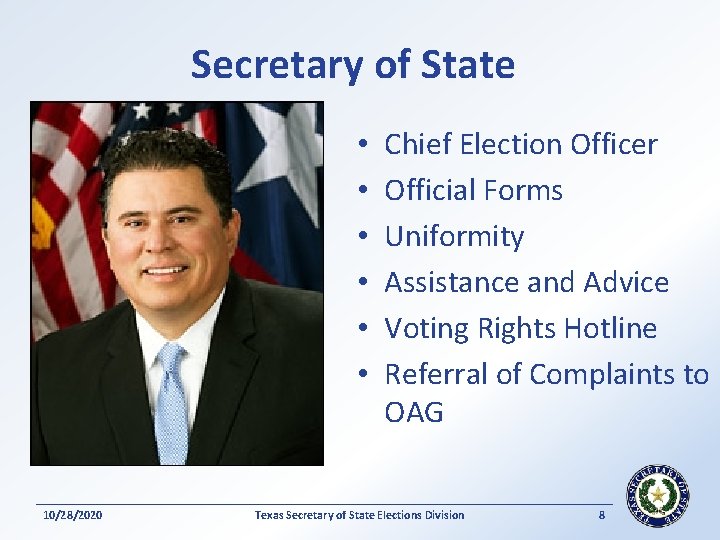 Secretary of State • • • 10/28/2020 Chief Election Officer Official Forms Uniformity Assistance