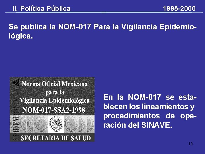 II. Política Pública 1995 -2000 Se publica la NOM-017 Para la Vigilancia Epidemiológica. En