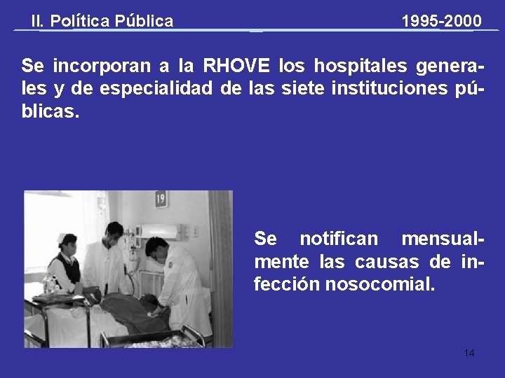 II. Política Pública 1995 -2000 Se incorporan a la RHOVE los hospitales generales y