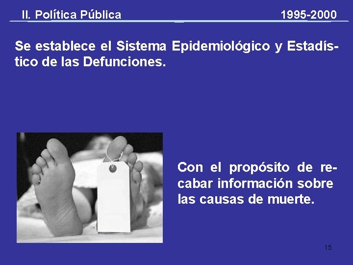 II. Política Pública 1995 -2000 Se establece el Sistema Epidemiológico y Estadístico de las