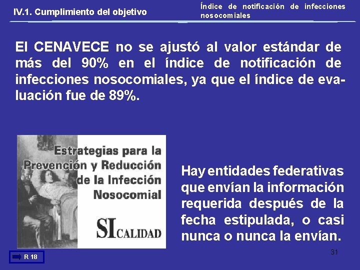 IV. 1. Cumplimiento del objetivo Índice de notificación de infecciones nosocomiales El CENAVECE no