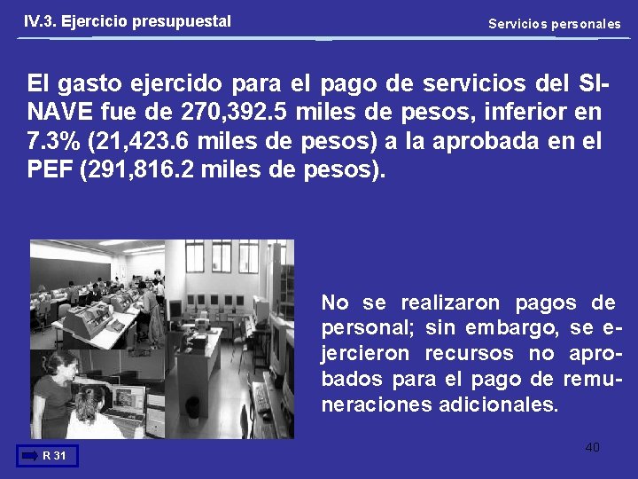 IV. 3. Ejercicio presupuestal Servicios personales El gasto ejercido para el pago de servicios