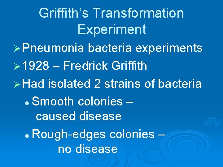Griffith’s Transformation Experiment Ø Pneumonia bacteria experiments Ø 1928 – Fredrick Griffith Ø Had