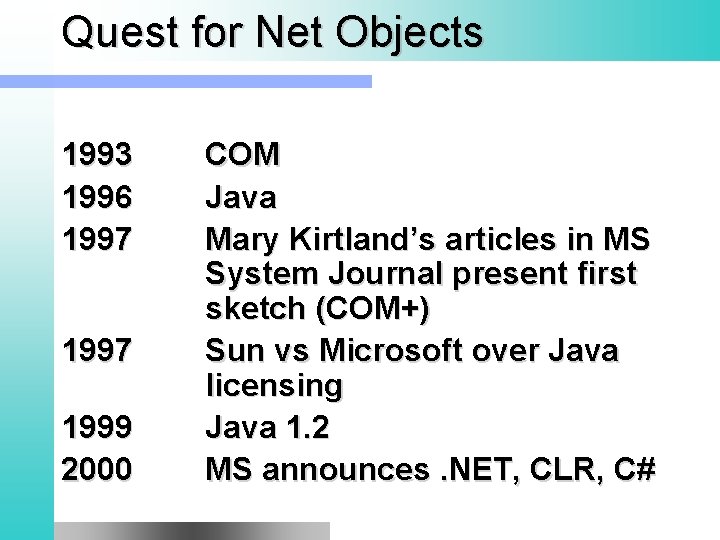 Quest for Net Objects 1993 1996 1997 1999 2000 COM Java Mary Kirtland’s articles