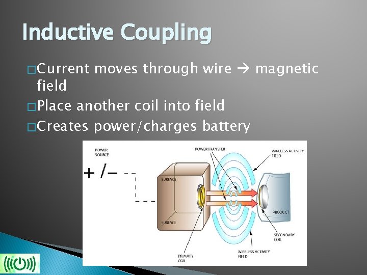Inductive Coupling � Current moves through wire magnetic field � Place another coil into