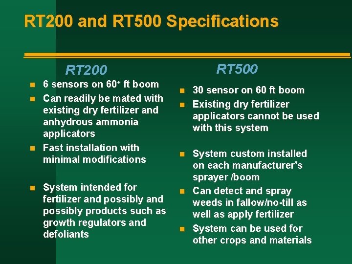 RT 200 and RT 500 Specifications RT 500 RT 200 n n 6 sensors