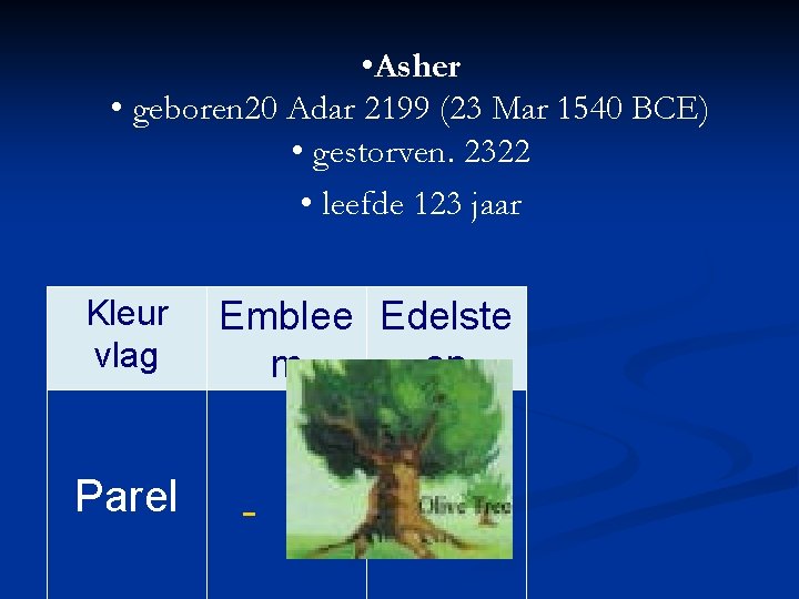  • Asher • geboren 20 Adar 2199 (23 Mar 1540 BCE) • gestorven.
