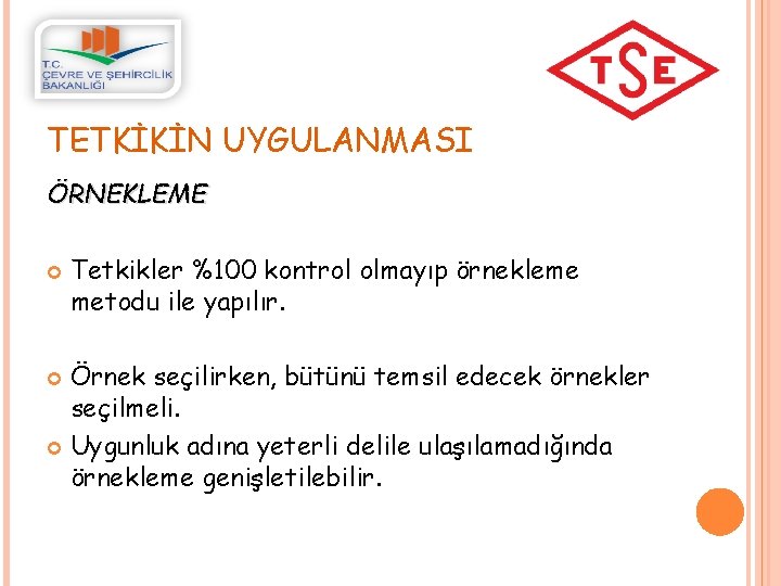 TETKİKİN UYGULANMASI ÖRNEKLEME Tetkikler %100 kontrol olmayıp örnekleme metodu ile yapılır. Örnek seçilirken, bütünü