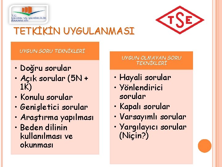 TETKİKİN UYGULANMASI UYGUN SORU TEKNİKLERİ • Doğru sorular • Açık sorular (5 N +