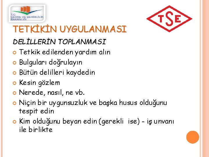 TETKİKİN UYGULANMASI DELİLLERİN TOPLANMASI Tetkik edilenden yardım alın Bulguları doğrulayın Bütün delilleri kaydedin Kesin