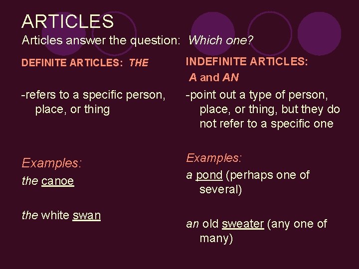 ARTICLES Articles answer the question: Which one? DEFINITE ARTICLES: THE INDEFINITE ARTICLES: A and ARTICLES Articles answer the question: Which one? DEFINITE ARTICLES: THE INDEFINITE ARTICLES: A and
