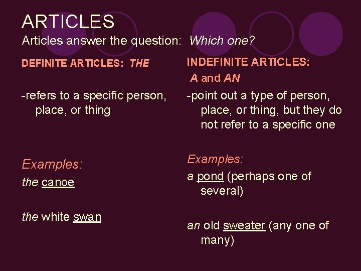 ARTICLES Articles answer the question: Which one? DEFINITE ARTICLES: THE INDEFINITE ARTICLES: A and