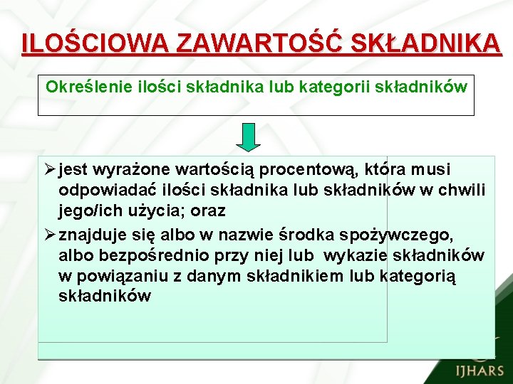 ILOŚCIOWA ZAWARTOŚĆ SKŁADNIKA Określenie ilości składnika lub kategorii składników Ø jest wyrażone wartością procentową,