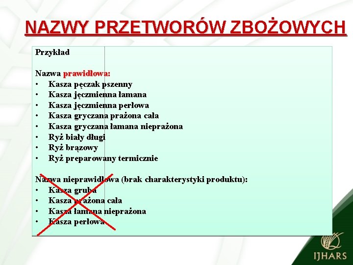 NAZWY PRZETWORÓW ZBOŻOWYCH Przykład Nazwa prawidłowa: • Kasza pęczak pszenny • Kasza jęczmienna łamana