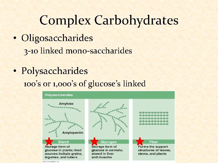 Complex Carbohydrates • Oligosaccharides 3 -10 linked mono-saccharides • Polysaccharides 100’s or 1, 000’s