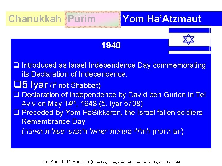 Chanukkah Purim Yom Ha’Atzmaut 1948 q Introduced as Israel Independence Day commemorating its Declaration