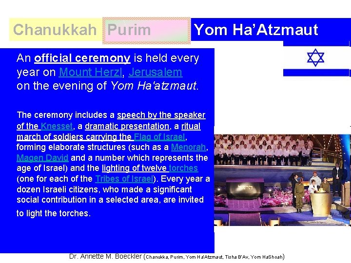 Chanukkah Purim Yom Ha’Atzmaut An official ceremony is held every year on Mount Herzl,