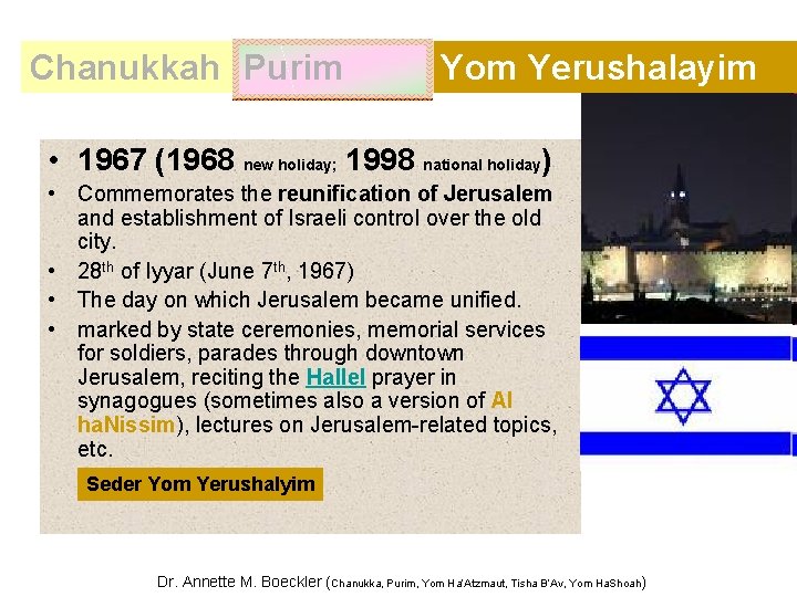 Chanukkah Purim Yom Yerushalayim • 1967 (1968 new holiday; 1998 national holiday) • Commemorates