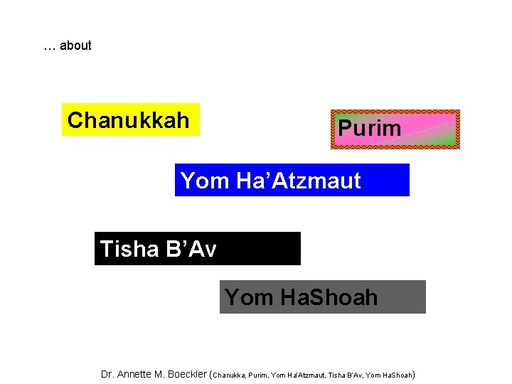 … about Chanukkah Purim Yom Ha’Atzmaut Tisha B’Av Yom Ha. Shoah Dr. Annette M.