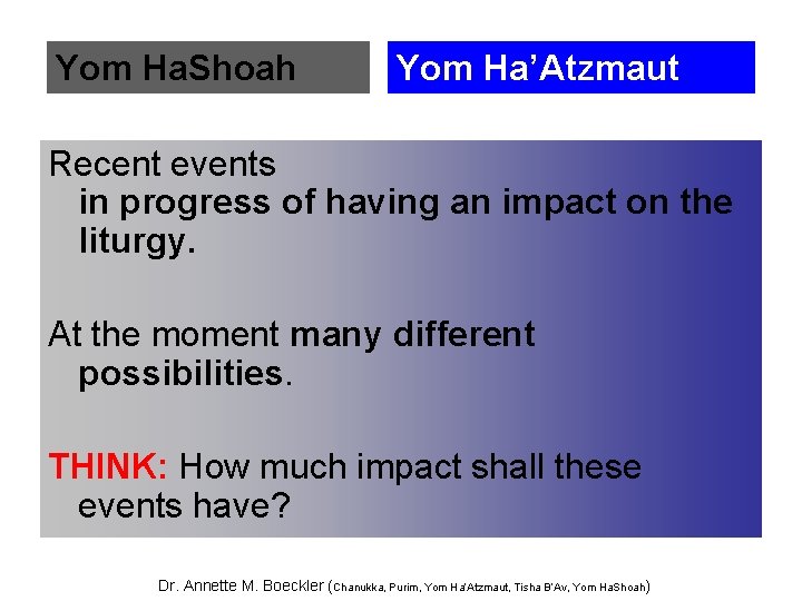 Yom Ha. Shoah Yom Ha’Atzmaut Recent events in progress of having an impact on