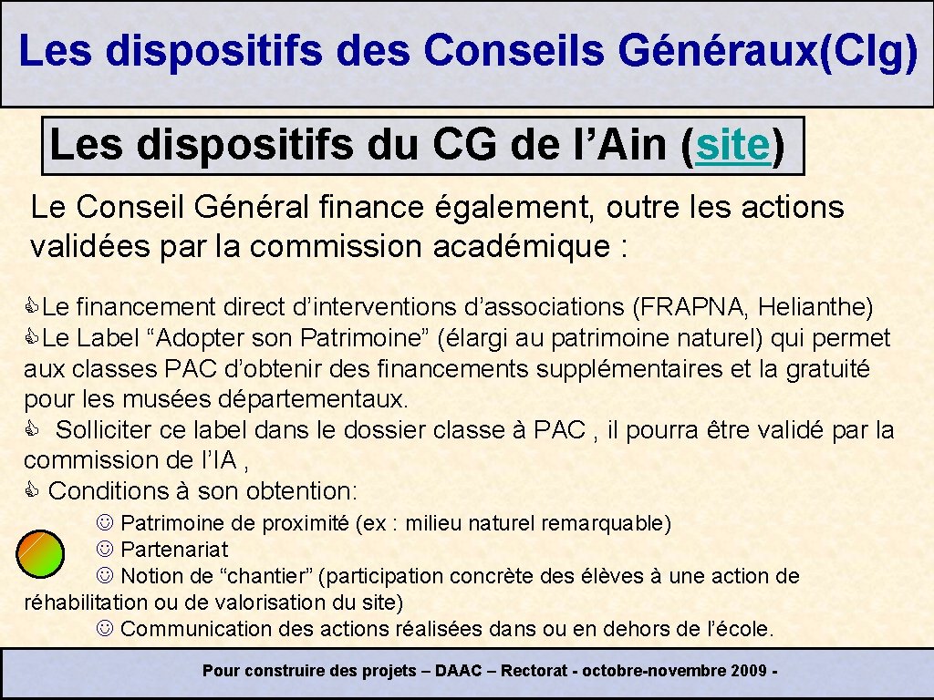 Les dispositifs des Conseils Généraux(Clg) Les dispositifs du CG de l’Ain (site) Le Conseil