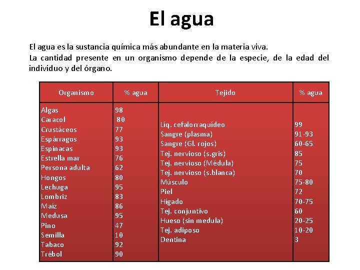El agua es la sustancia química más abundante en la materia viva. La cantidad