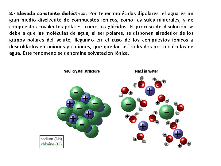8. - Elevada constante dieléctrica. Por tener moléculas dipolares, el agua es un gran