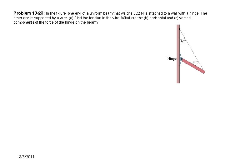 Problem 13 -23: In the figure, one end of a uniform beam that weighs