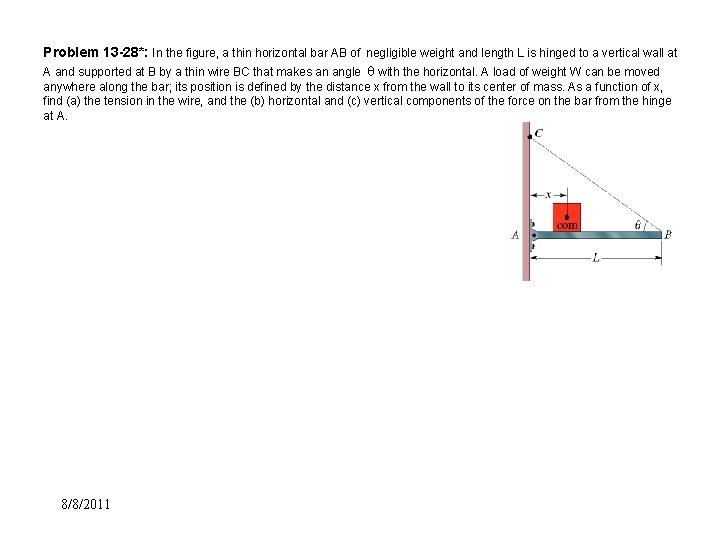 Problem 13 -28*: In the figure, a thin horizontal bar AB of negligible weight