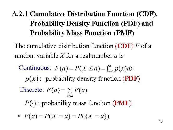 A. 2. 1 Cumulative Distribution Function (CDF), Probability Density Function (PDF) and Probability Mass