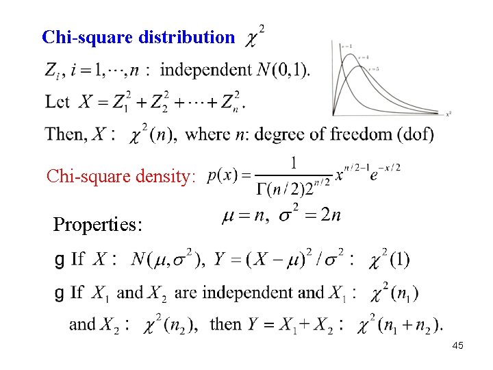 Chi-square distribution Chi-square density: Properties: 45 