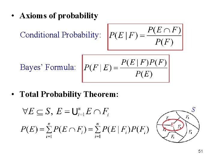  • Axioms of probability Conditional Probability: Bayes’ Formula: • Total Probability Theorem: 51