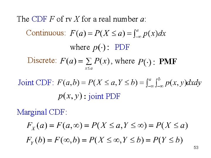 The CDF F of rv X for a real number a: Continuous: where Discrete: