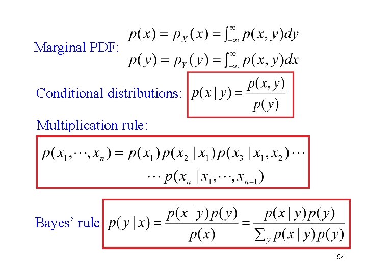 Marginal PDF: Conditional distributions: Multiplication rule: Bayes’ rule: 54 