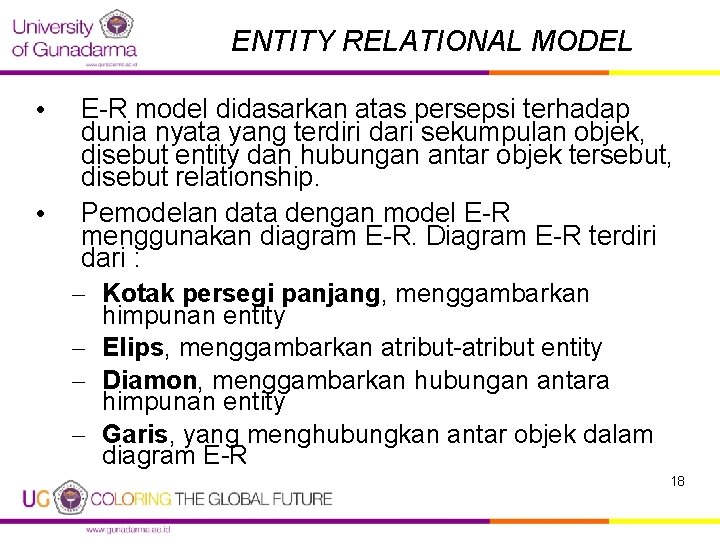 ENTITY RELATIONAL MODEL • E-R model didasarkan atas persepsi terhadap dunia nyata yang terdiri