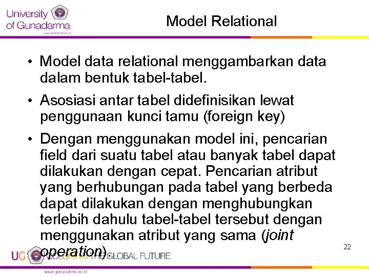 Model Relational • Model data relational menggambarkan data dalam bentuk tabel-tabel. • Asosiasi antar