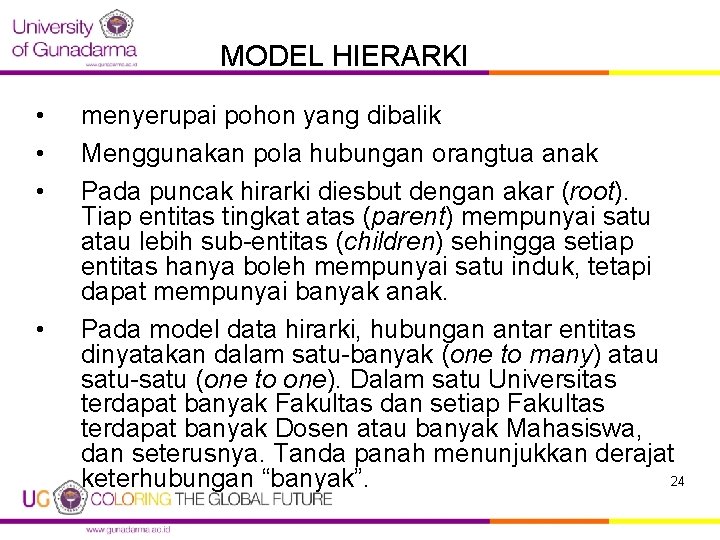 MODEL HIERARKI • • menyerupai pohon yang dibalik Menggunakan pola hubungan orangtua anak Pada