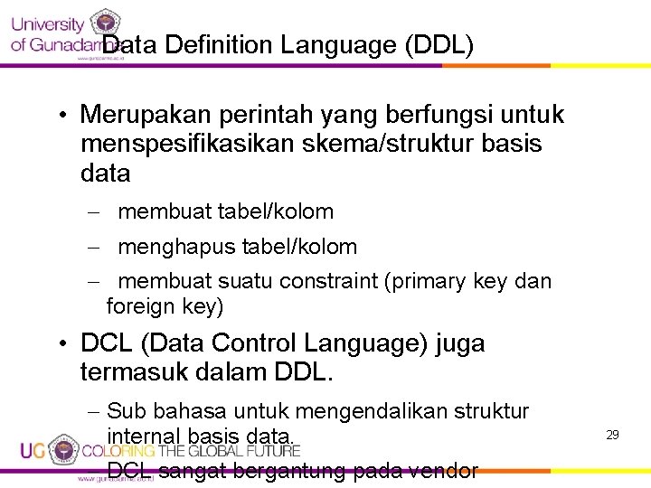 Data Definition Language (DDL) • Merupakan perintah yang berfungsi untuk menspesifikasikan skema/struktur basis data