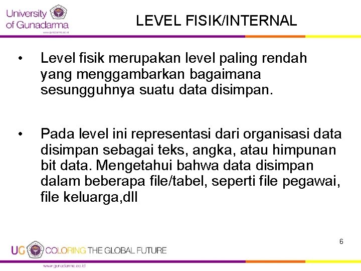 LEVEL FISIK/INTERNAL • Level fisik merupakan level paling rendah yang menggambarkan bagaimana sesungguhnya suatu