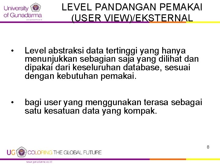 LEVEL PANDANGAN PEMAKAI (USER VIEW)/EKSTERNAL • Level abstraksi data tertinggi yang hanya menunjukkan sebagian