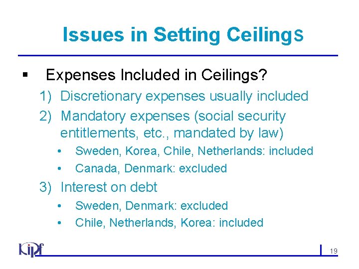 Issues in Setting Ceilings § Expenses Included in Ceilings? 1) Discretionary expenses usually included